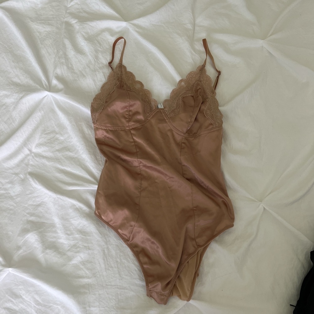 Lace satin tan bodysuit in size small